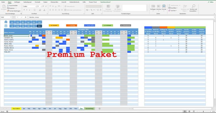 Tabelle mit farbigen Zellen und dem Schriftzug „Premium Paket“ in der Mitte.