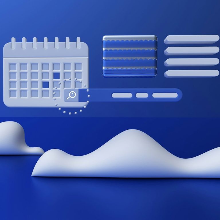 Individualsoftware Grafik mit einer blauen Hintergrundlandschaft und Symbolen für Kalender und Benutzeroberfläche.