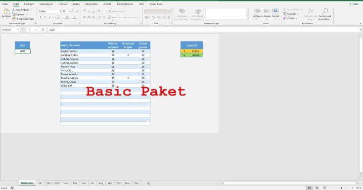 Tabelle mit dem Titel "Basic Paket" und Übersicht über verschiedene Daten.