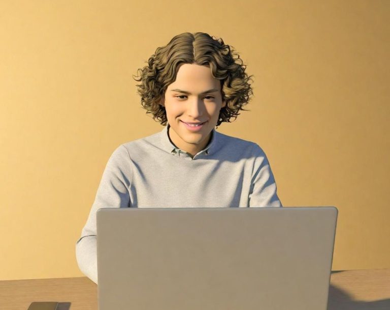 Arbeitsplatz Junger Mann mit lockigem Haar, der lächelnd an einem Laptop arbeitet.