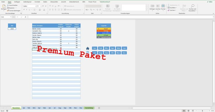 Tabelle mit Daten und dem Text "Premium Paket" in roter Schrift.