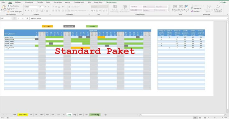 Steuerungsfeld mit Daten und grafischen Elementen in einer Tabellenkalkulation.