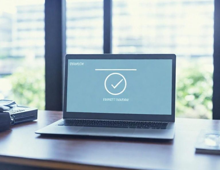 Laptopbildschirm Laptop mit Bestätigungssymbol auf dem Bildschirm, in einem modernen Büro.