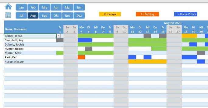 Abwesenheitsplaner Eine Tabellenansicht mit farbigen Balken zur Darstellung von Zeitplänen oder Aufgaben.